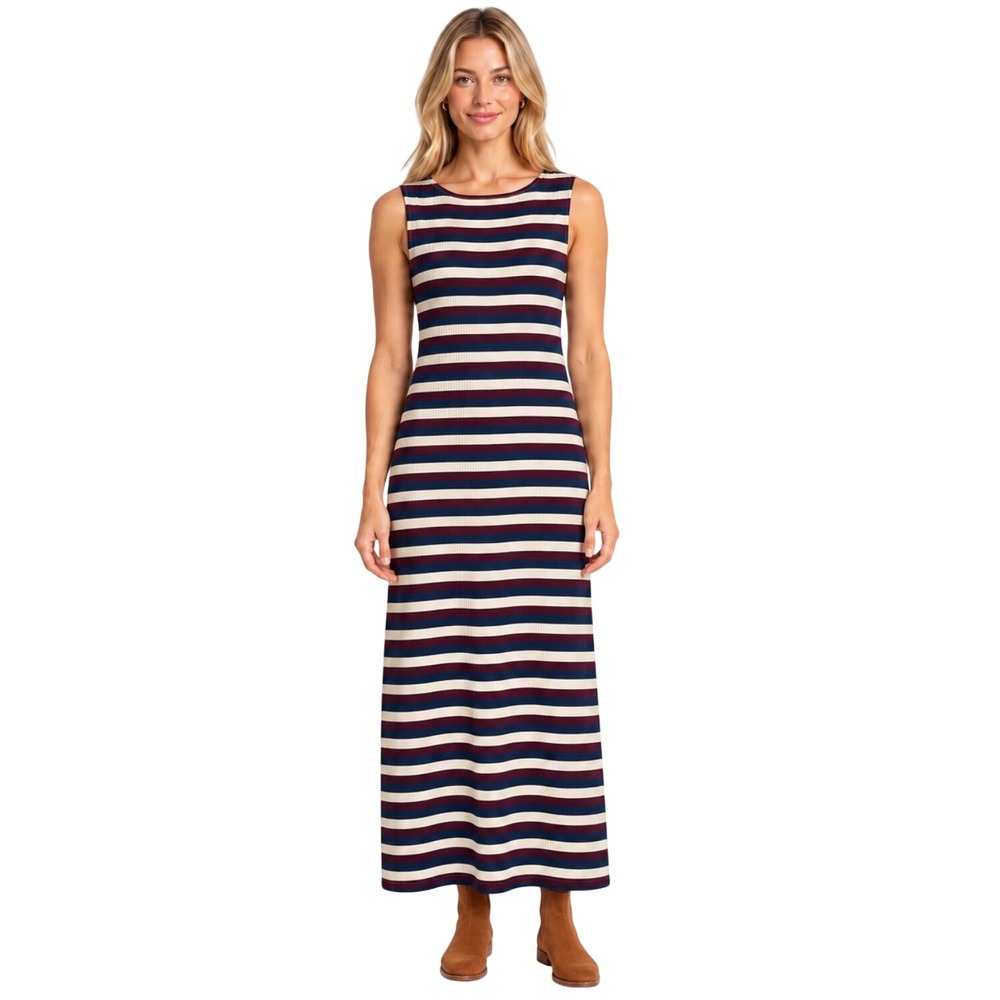 J.Crew Striped Ribbed Sleeveless Maxi Dress in Navy Cream Burgundy L